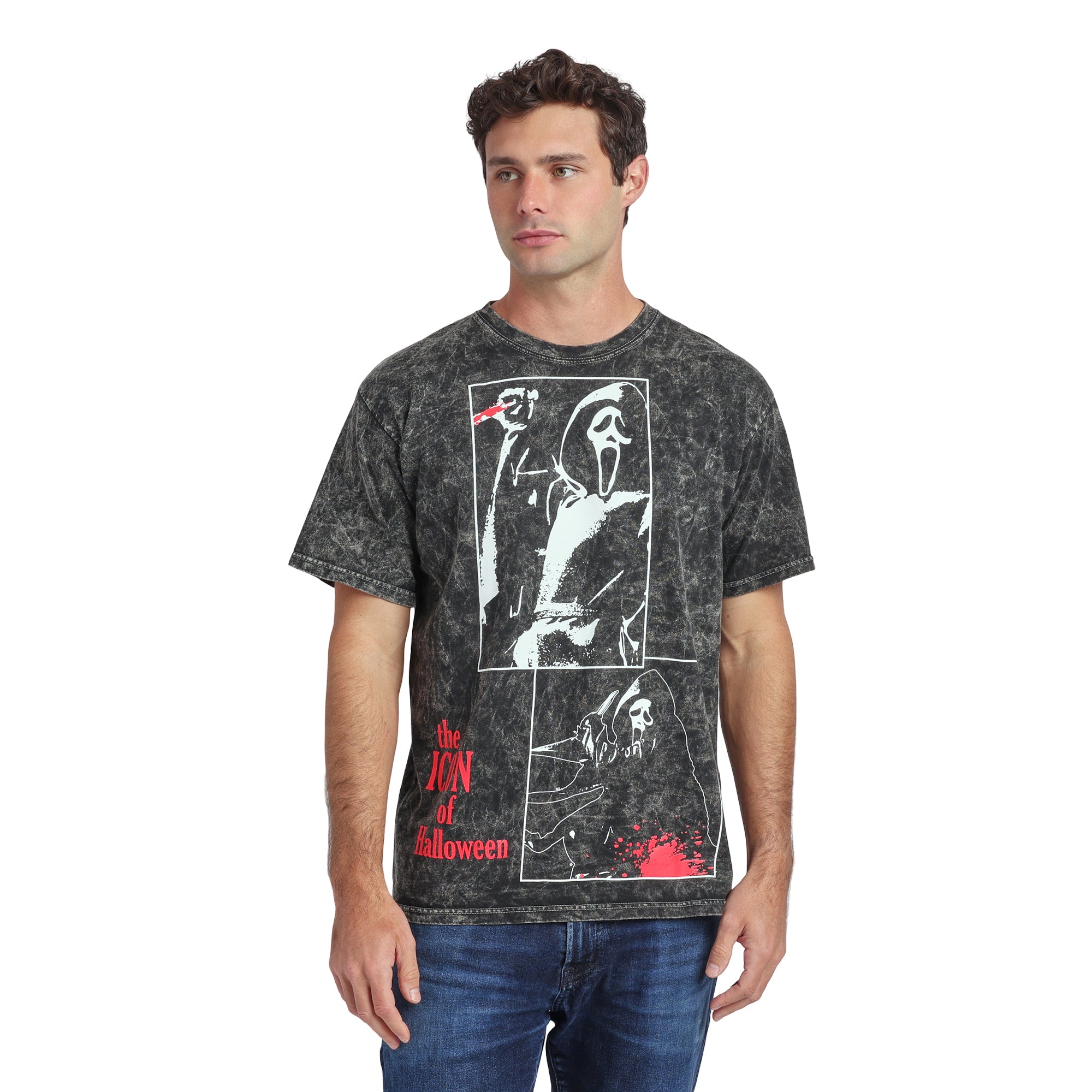 Ghostface Oversize Character Printed Patches With Red Text on Men's Black Mineral Wash Short Sleeve Tee