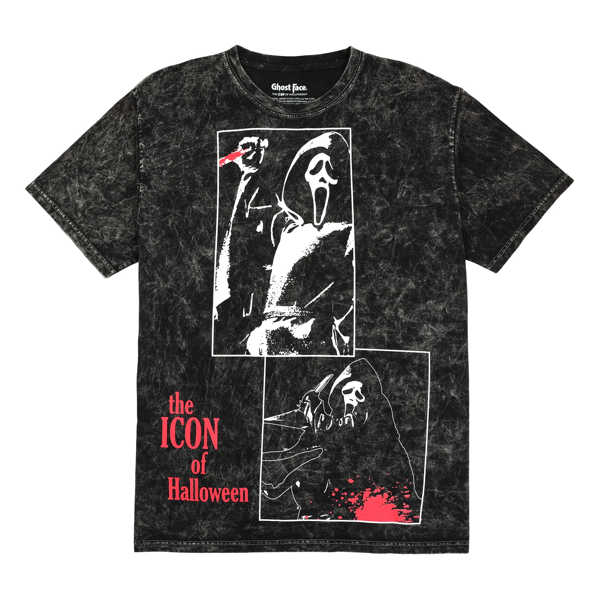 Ghostface Oversize Character Printed Patches With Red Text on Men's Black Mineral Wash Short Sleeve Tee