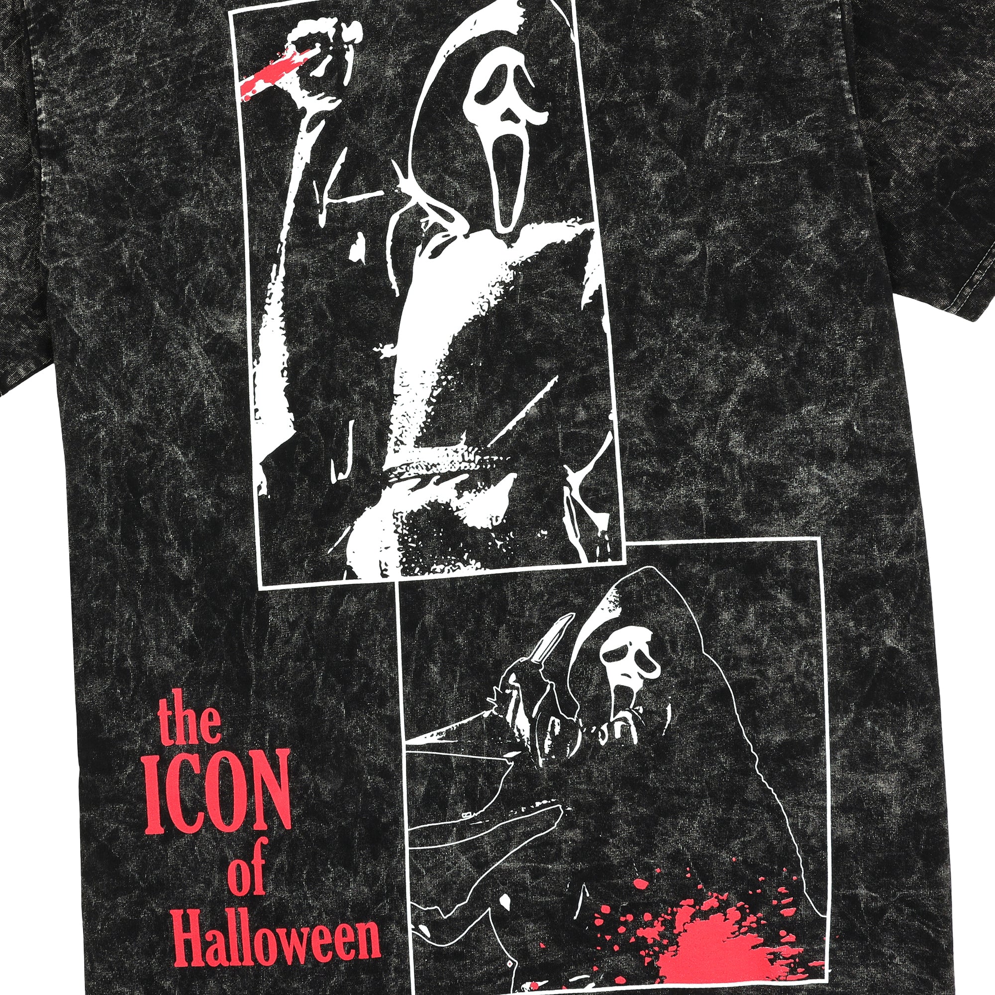Ghostface Oversize Character Printed Patches With Red Text on Men's Black Mineral Wash Short Sleeve Tee
