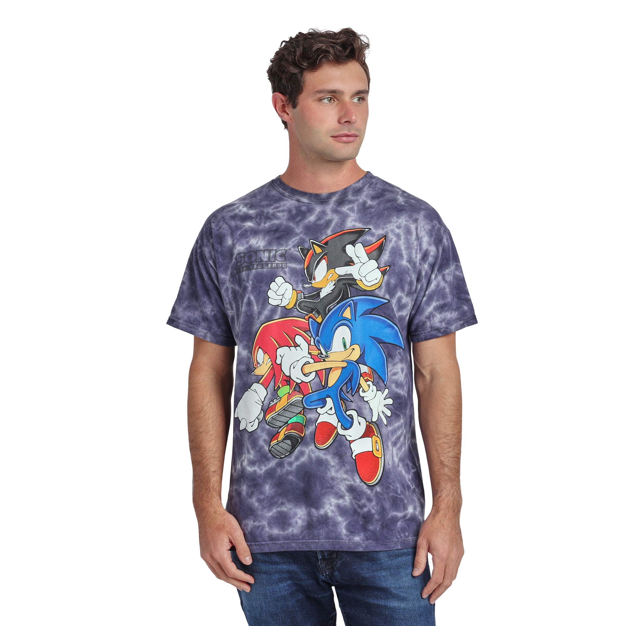 Sonic The Hedgehog Sonic Knuckles & Shadow Men's Dark Blue Mineral Wash Crew Neck Short Sleeve T-shirt