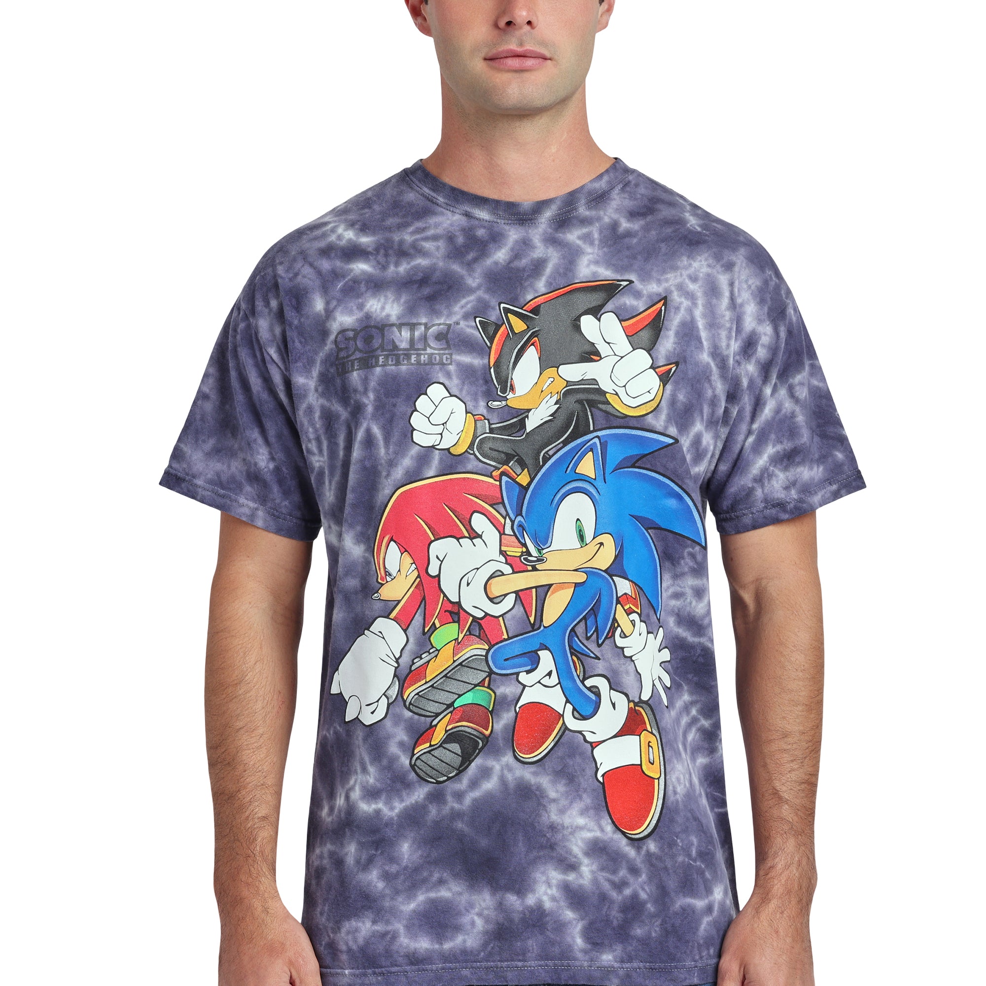 Sonic The Hedgehog Sonic Knuckles & Shadow Men's Dark Blue Mineral Wash Crew Neck Short Sleeve T-shirt