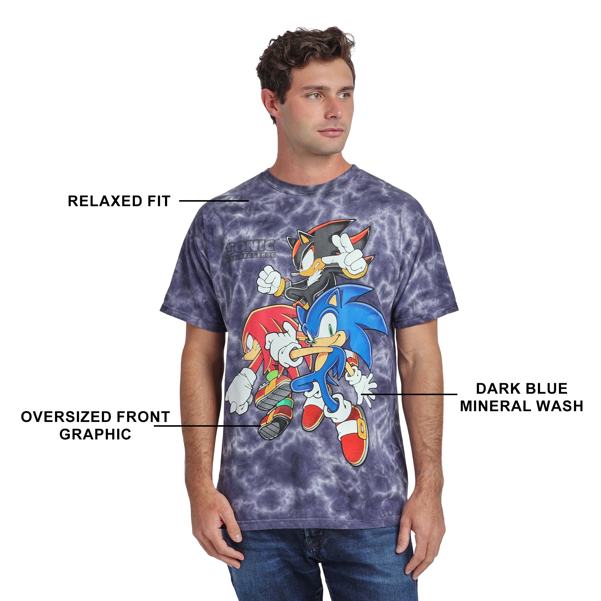 Sonic The Hedgehog Sonic Knuckles & Shadow Men's Dark Blue Mineral Wash Crew Neck Short Sleeve T-shirt