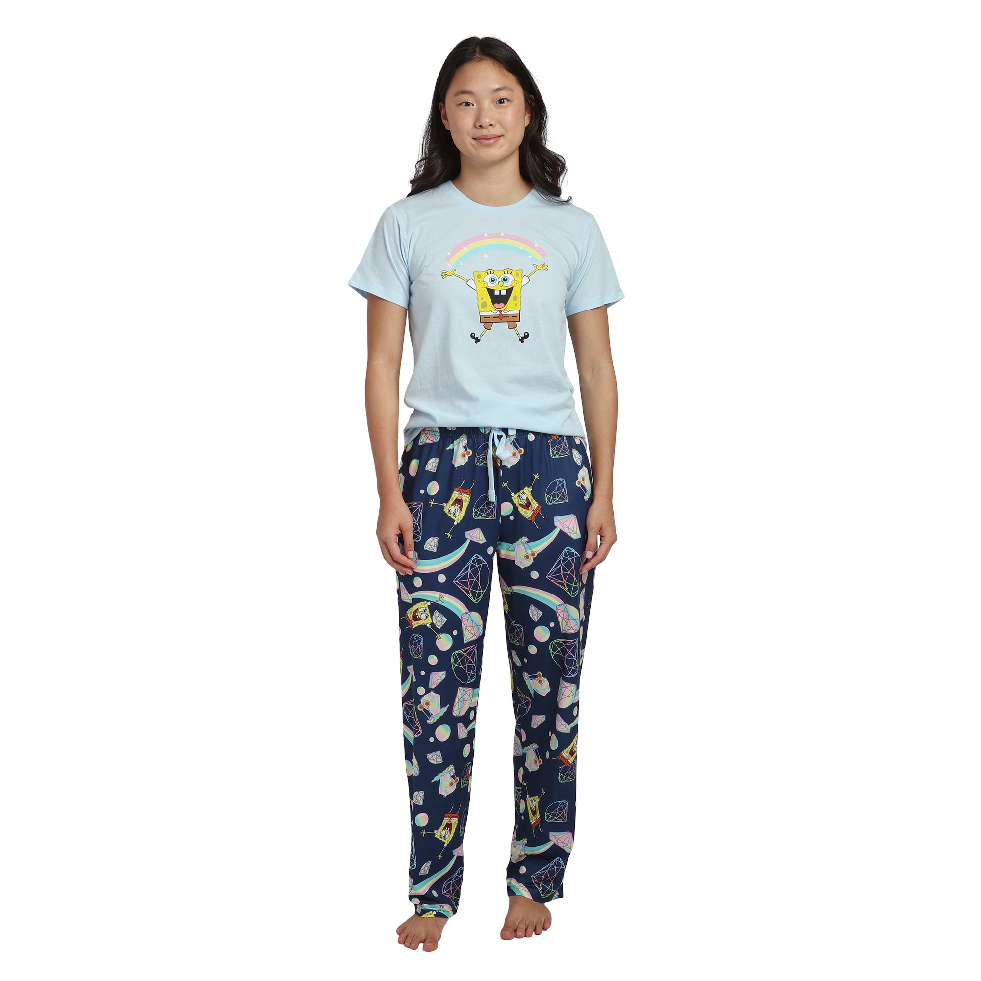 Spongebob Squarepants Rainbow All-Over Print Women's T-Shirt and Pajama Pants Sleepwear Set