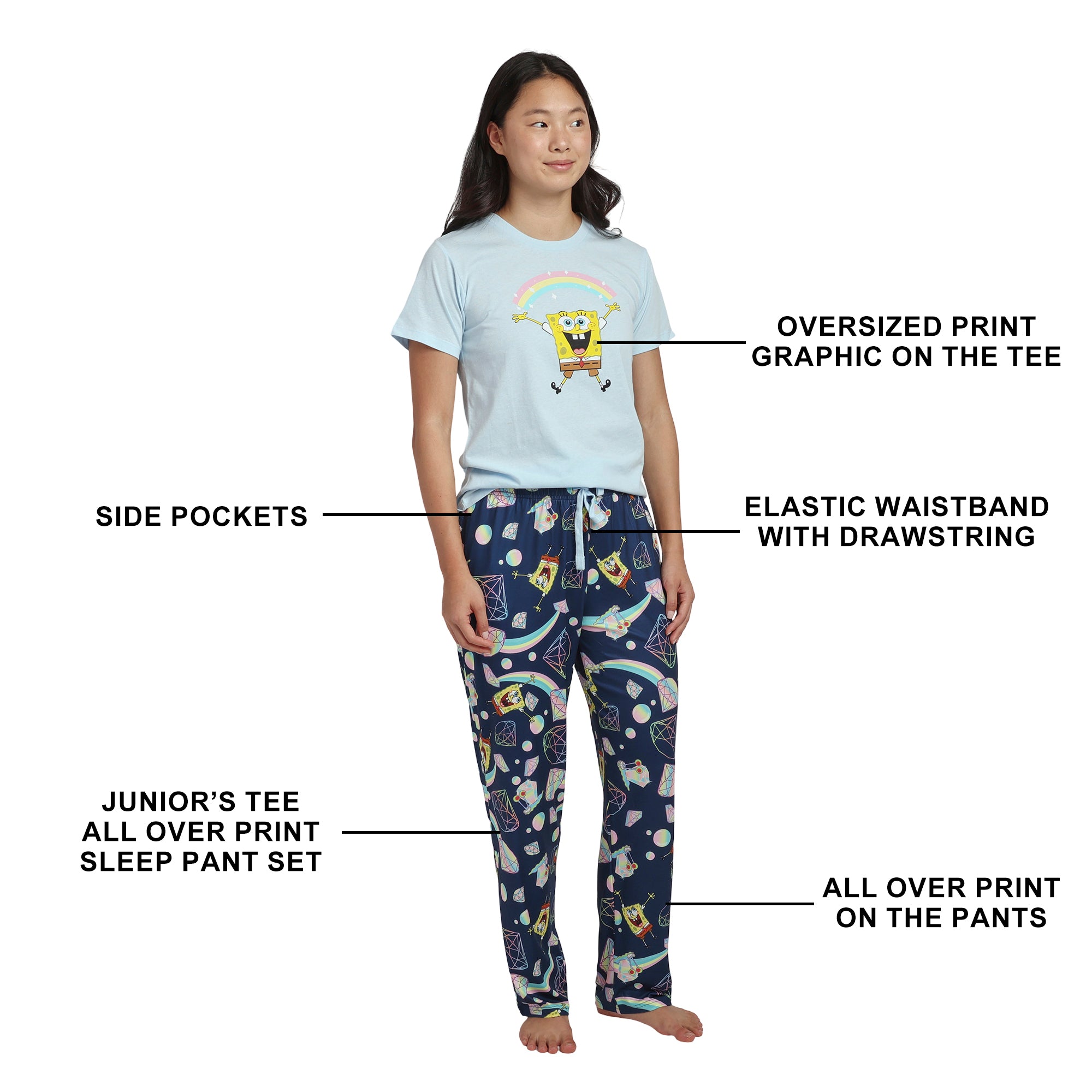 Spongebob Squarepants Rainbow All-Over Print Women's T-Shirt and Pajama Pants Sleepwear Set
