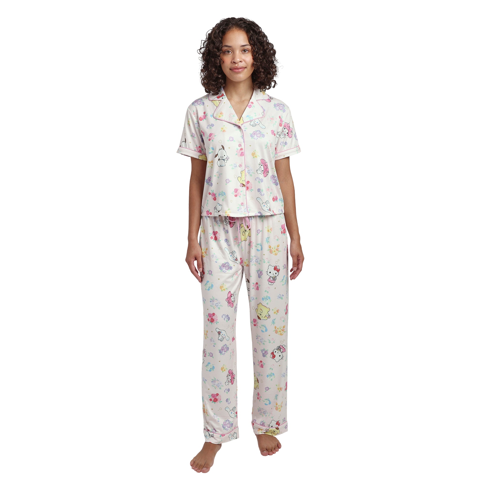 Hello Kitty & Friends All-Over Print Women's Button-Down Shirt And Pants 2-Piece Pajama Set