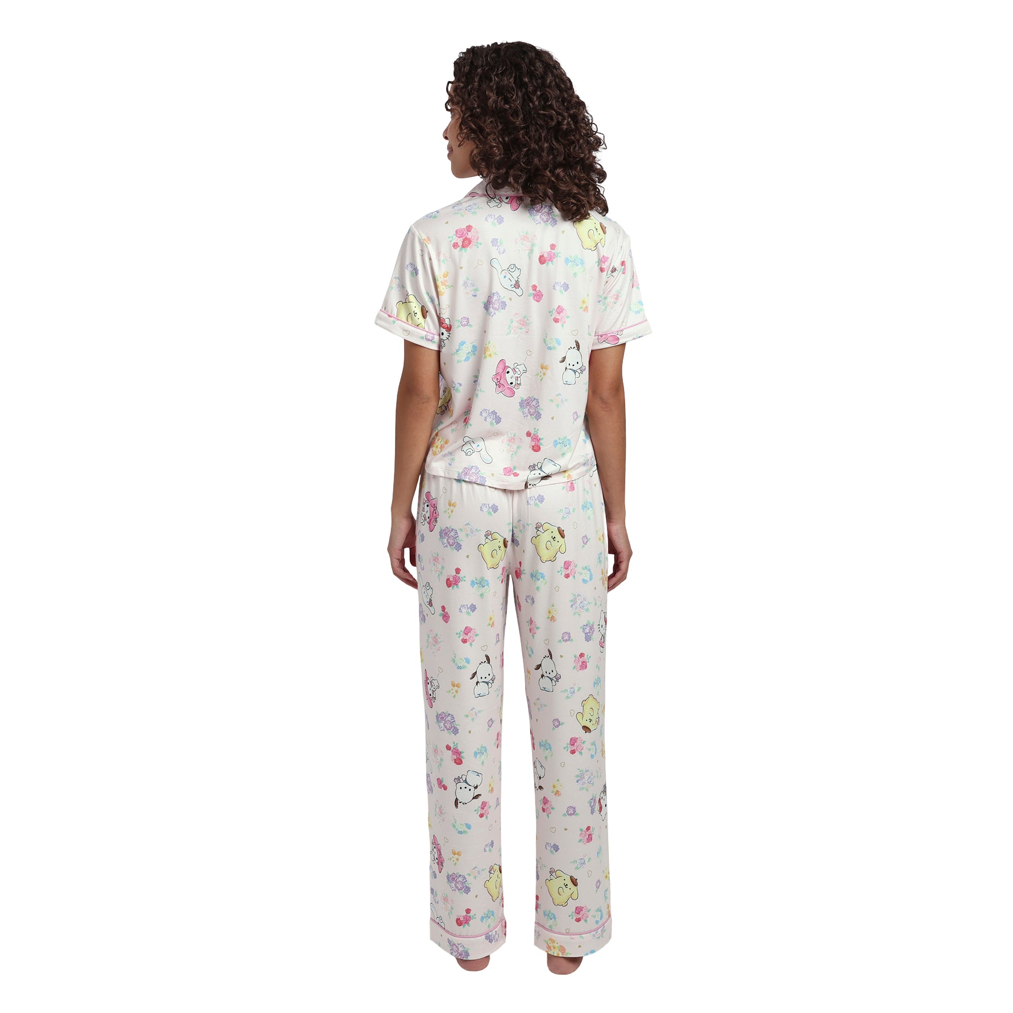 Hello Kitty & Friends All-Over Print Women's Button-Down Shirt And Pants 2-Piece Pajama Set