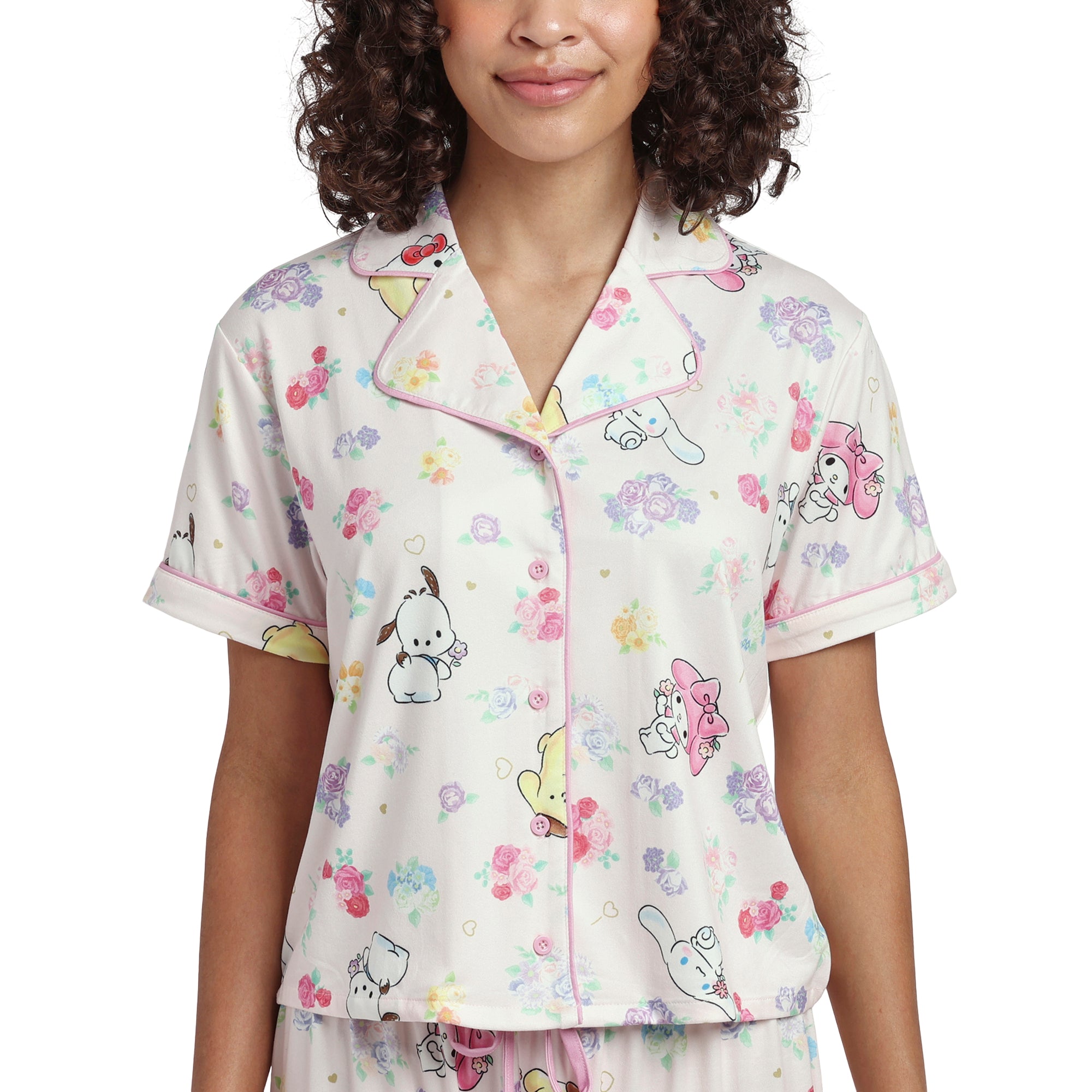 Hello Kitty & Friends All-Over Print Women's Button-Down Shirt And Pants 2-Piece Pajama Set