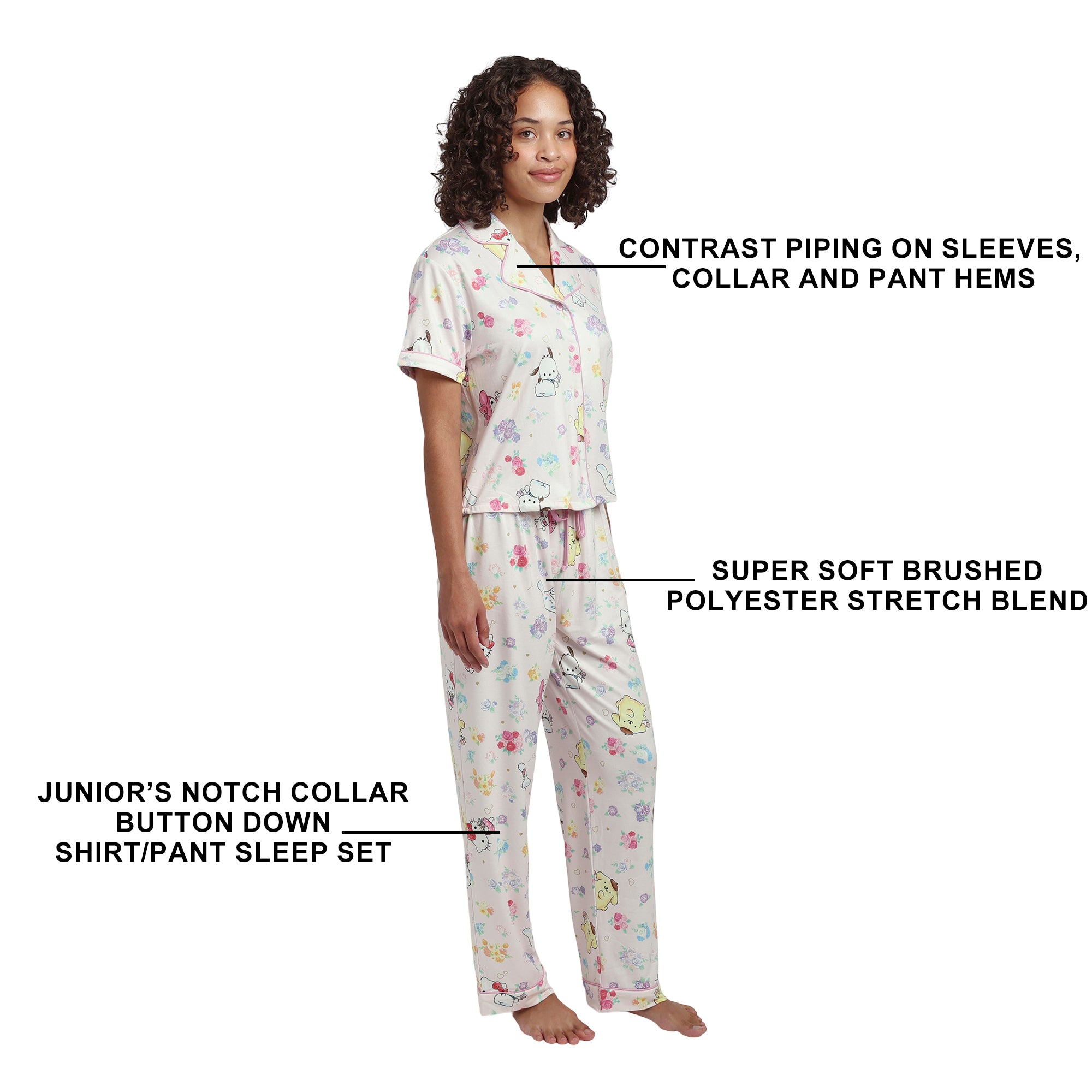 Hello Kitty & Friends All-Over Print Women's Button-Down Shirt And Pants 2-Piece Pajama Set