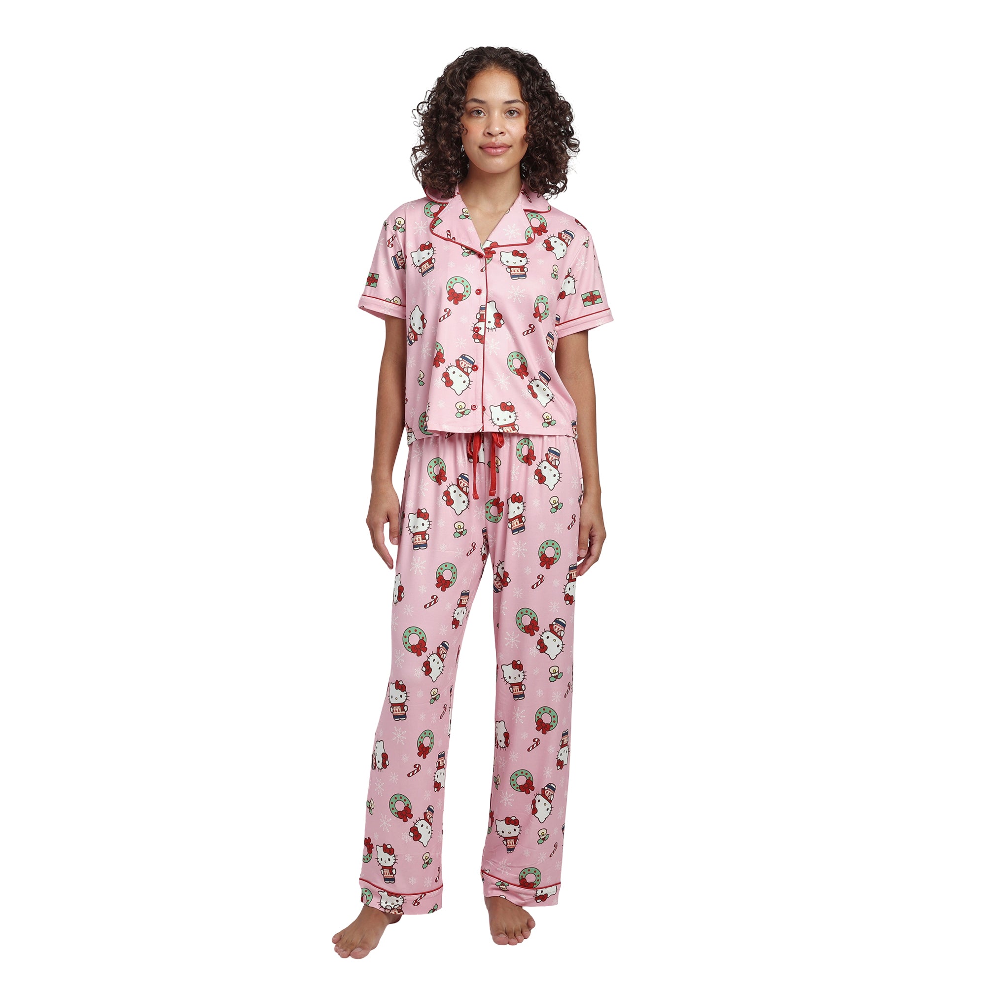 Hello Kitty Holiday All-Over Print Women's Button-Down Shirt And Pants Traditional 2-Piece Pajama Set