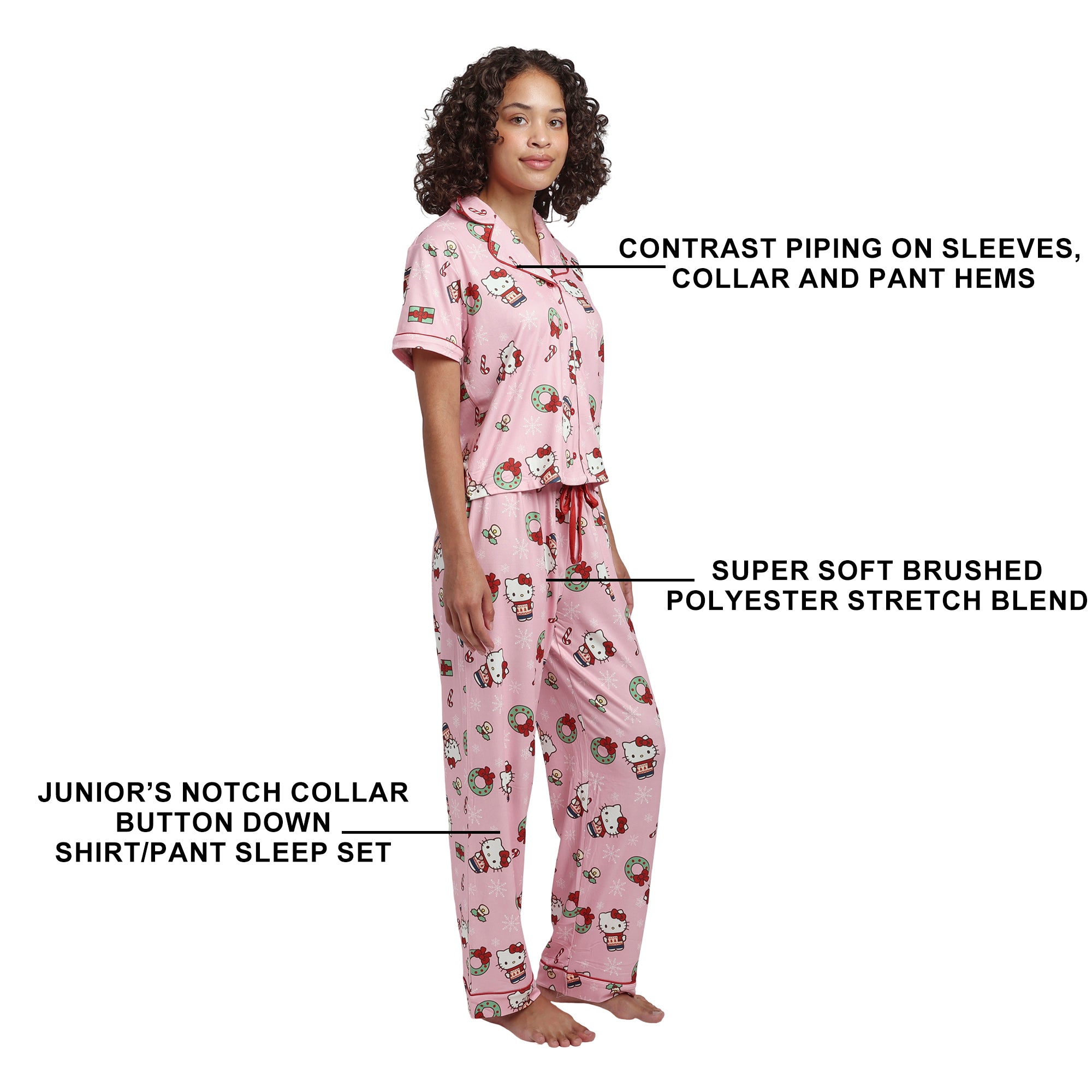 Hello Kitty Holiday All-Over Print Women's Button-Down Shirt And Pants Traditional 2-Piece Pajama Set