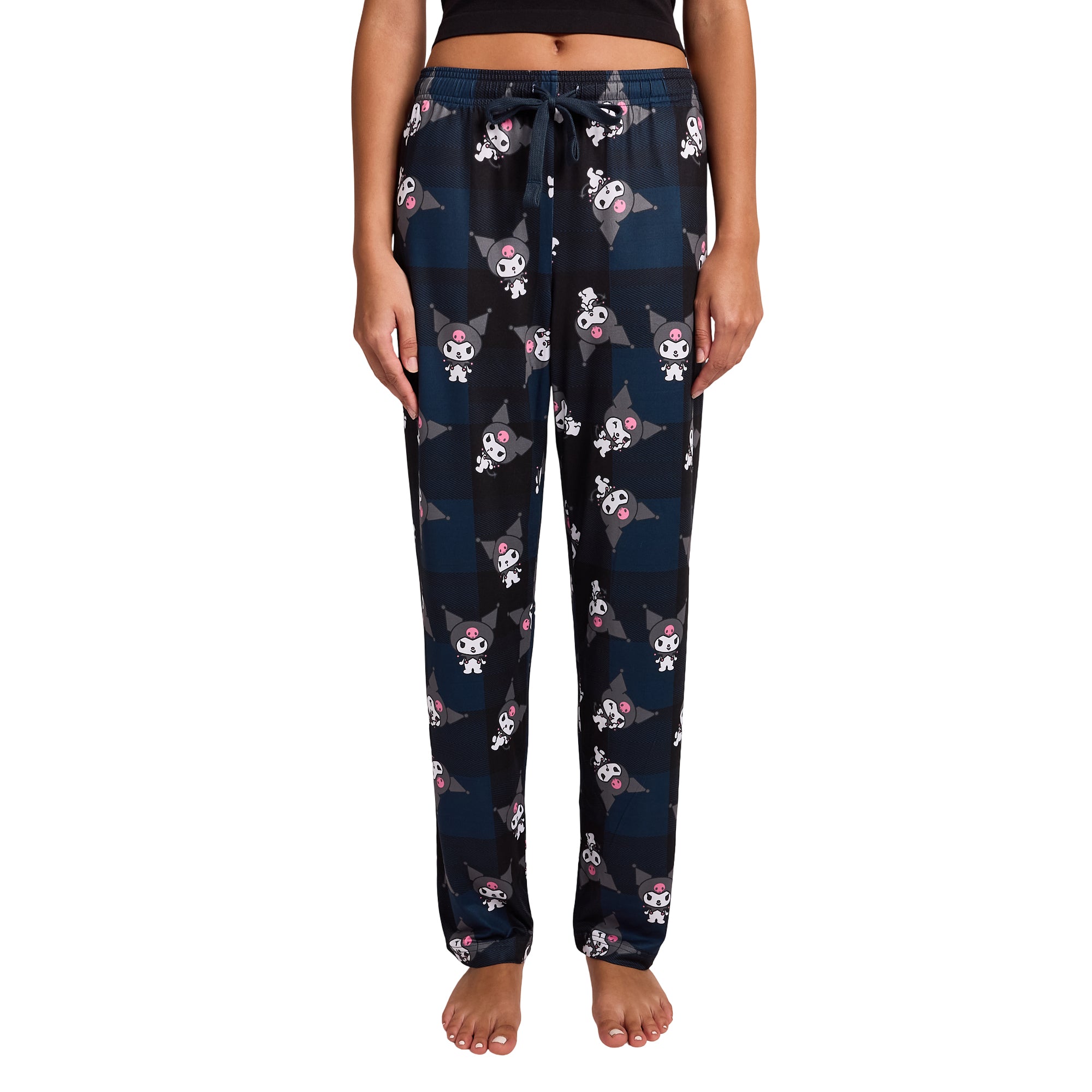 My Melody Kuromi Character Print Women's Black Plaid Sleep Pajama Pants With Pockets