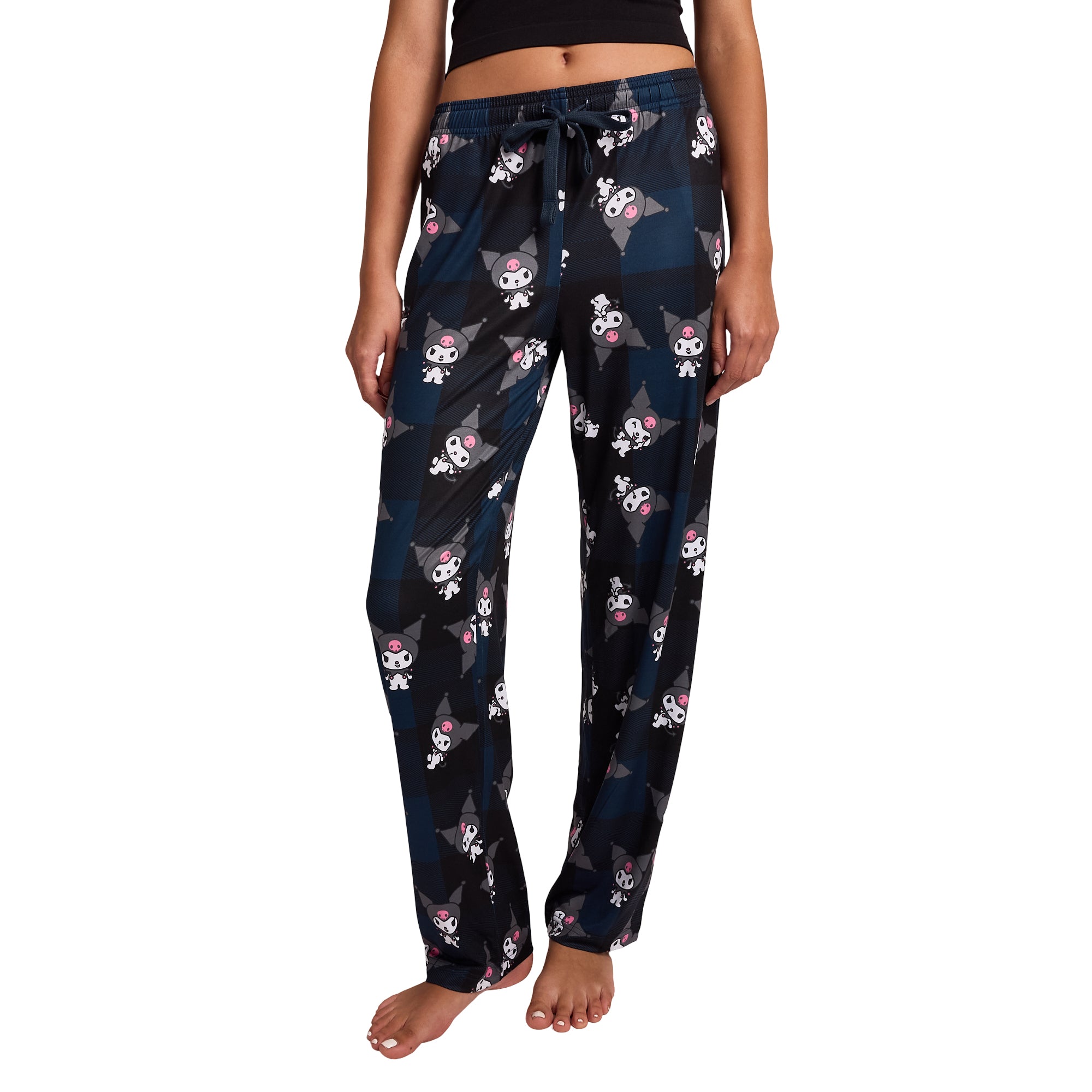 My Melody Kuromi Character Print Women's Black Plaid Sleep Pajama Pants With Pockets
