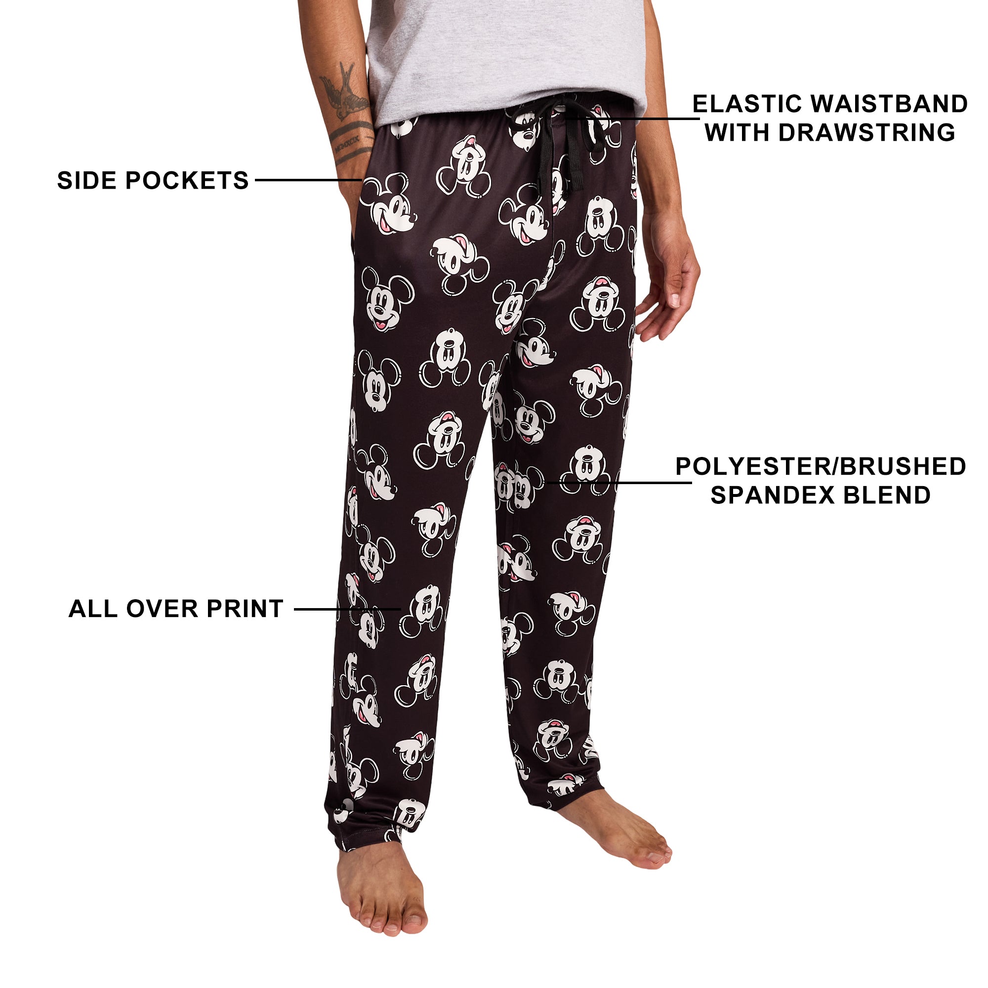 Disney Mickey Mouse Character Heads All-Over Print Men's Black Sleep Pajama Pants