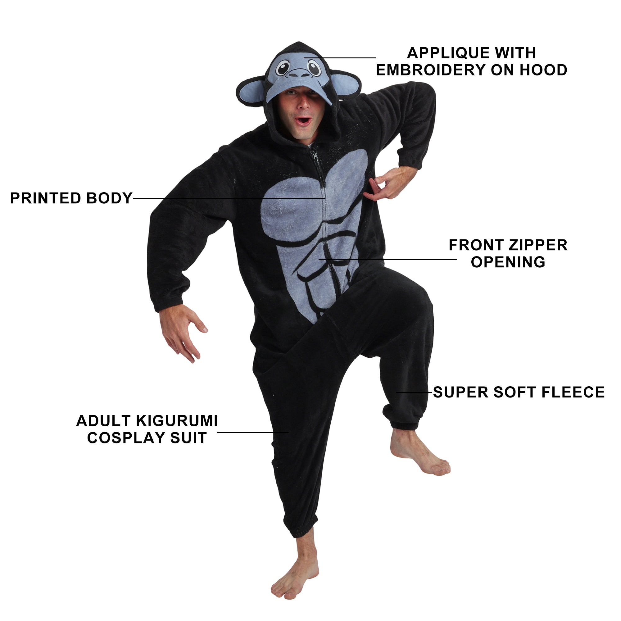 Kigurumi Gorilla Adult Cosplay Onesie Costume Union Suit With Cuffs And Hood