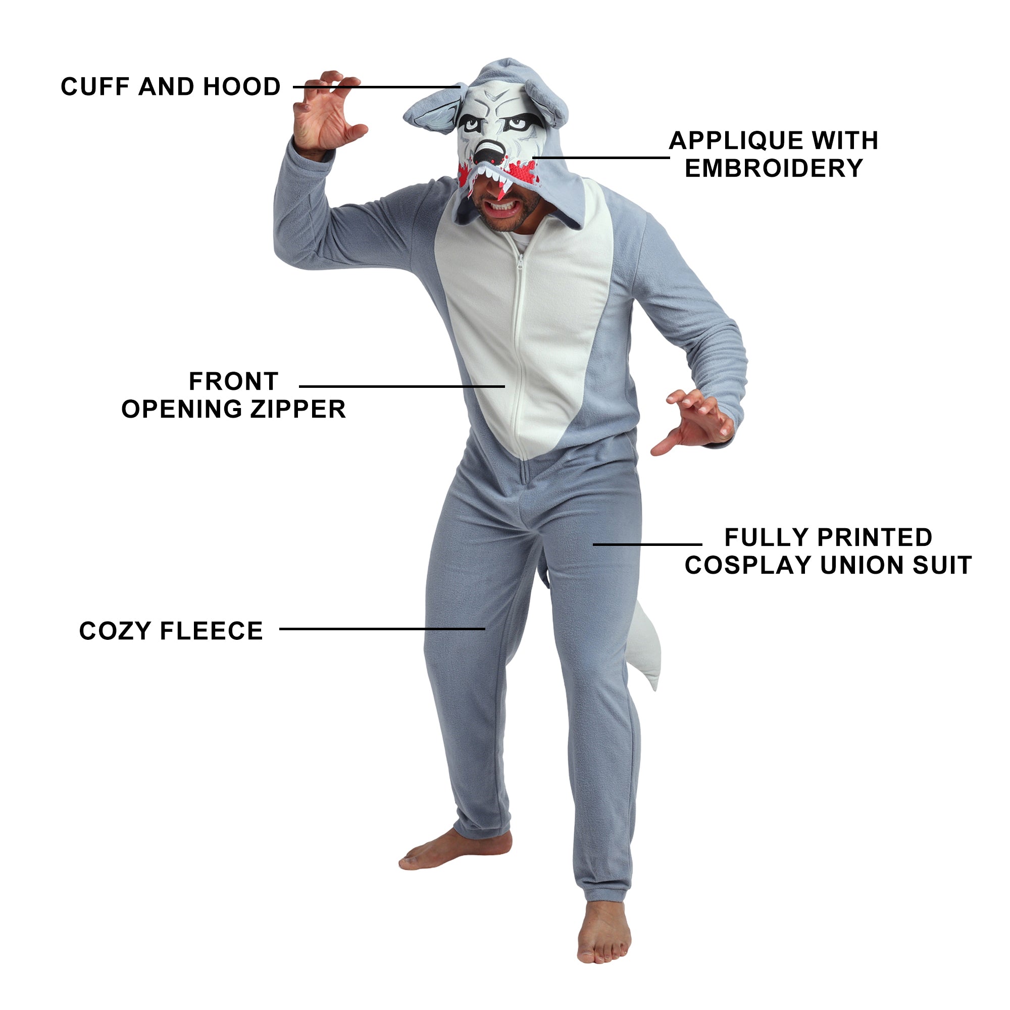 Wolf Adult Blue Long Sleeve Hooded Cosplay Onesie Costume Union Suit