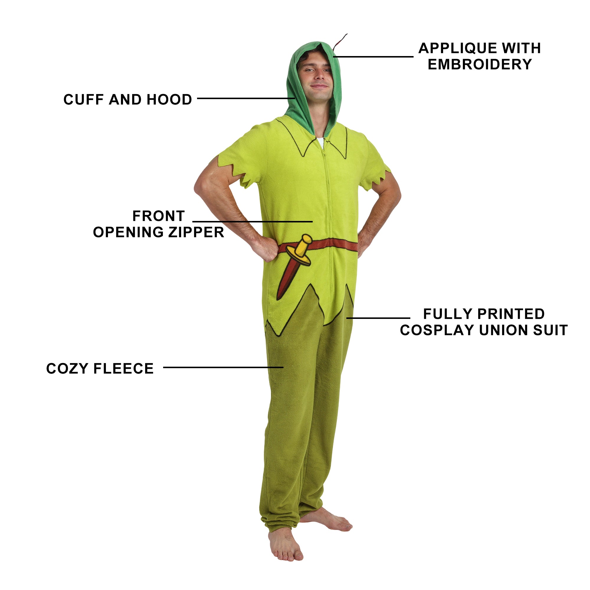 Disney Peter Pan Adult Long Sleeve Hooded Cosplay Onesie Costume Union Suit