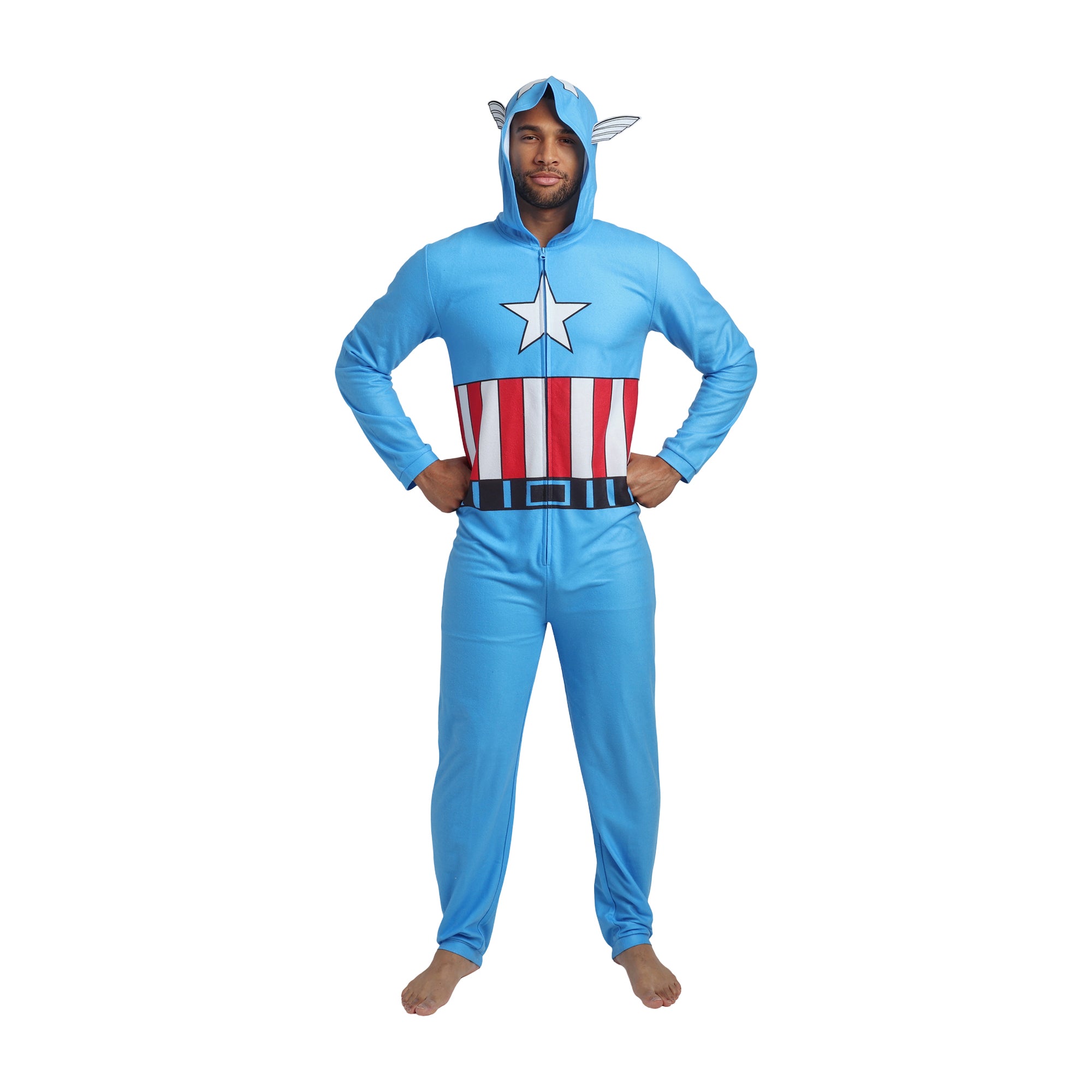 Marvel Comics Presents Captain America Adult Long Sleeve Hooded Cosplay Onesie Costume Union Suit