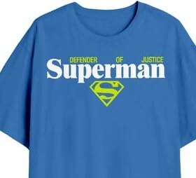 Superman Defender of Justin with Neon Color Highlights on Men's Blue Short Sleeve Tee