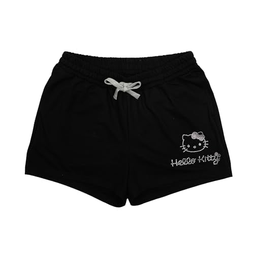 Hello Kitty Rhinestone Face Outline Art Women's Black Sweat Shorts