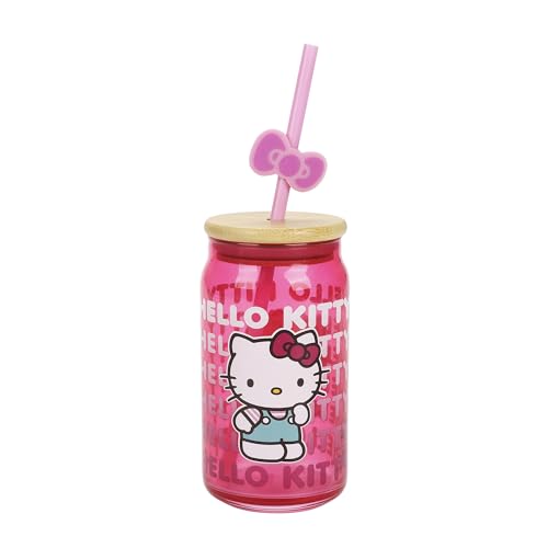 Hello Kitty Repeated Text 15oz Glass Cup with Straw and Lid