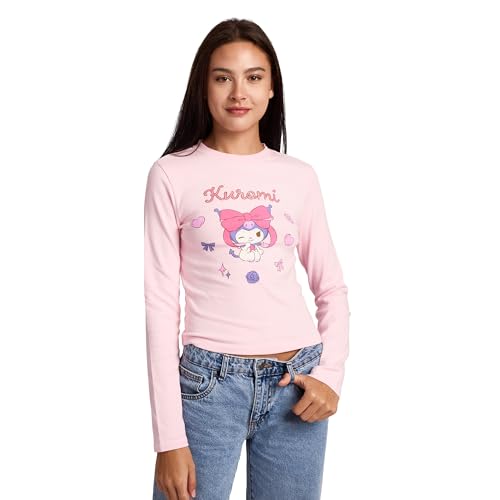 Kuromi Character & Hearts Women's Cradle Pink Long Sleeve Baby Tee
