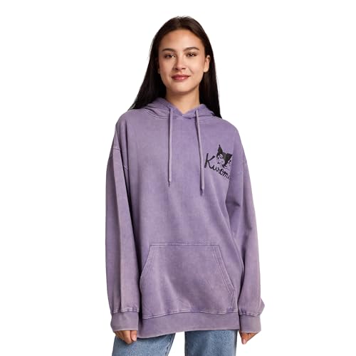 Kuromi & Baku Women's Purple Mineral Wash Long Sleeve Fleece Hooded Sweatshirt