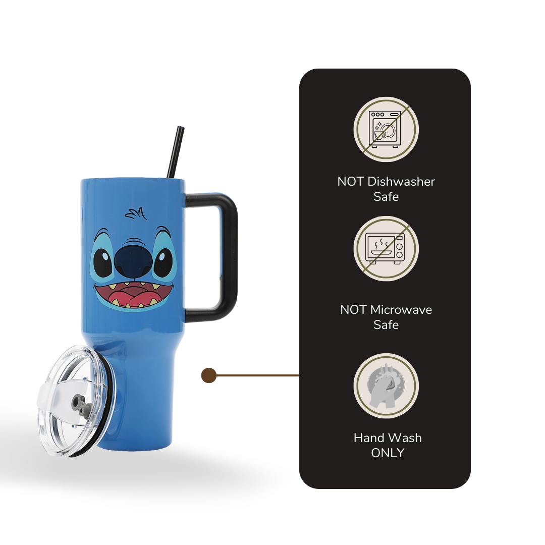 Bioworld Disney Stitch Vacuum Insulated 40 Oz. Stainless Steel Tumbler with Straw & Leak-Proof Lid, Easy Carry Handle for Travel or Home