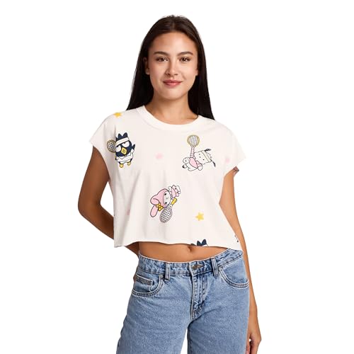Hello Kitty & Friends Repeat Characters Women's White Raw Hem Cropped Tank