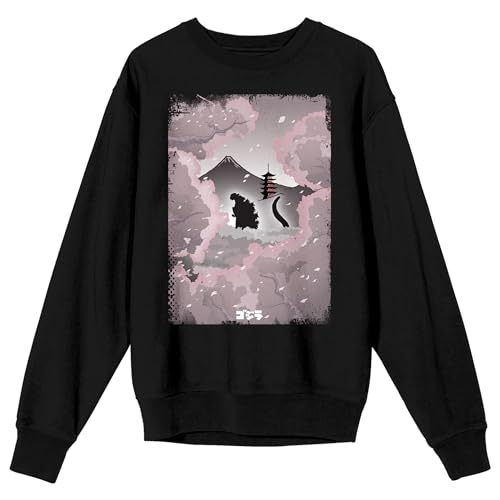 Godzilla Classic Monster Silhouette and Cherry Blossoms Across Mt. Fuji Adult Black Crew Neck Sweatshirt