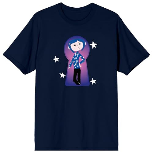 Coraline Coraline in Key Hole Frame White Stars on Navy Ground Adult Crew Neck Short Sleeve T-shirt