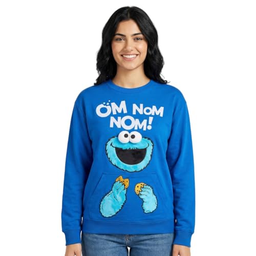 Sesame Street Cookie Monster Om Nom Nom Women's Blue Crew Neck Long Sleeve Sweatshirt