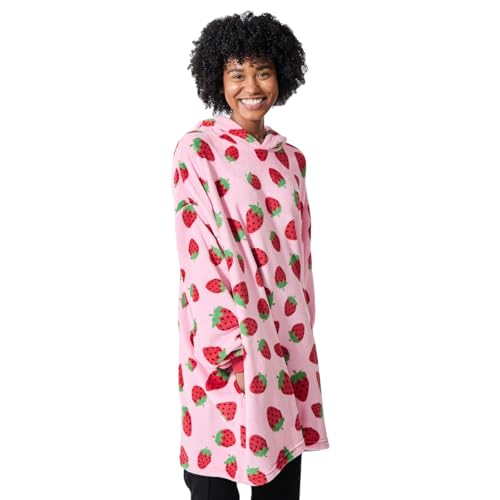 Strawberries All-Over Print Pink Long Sleeve Oversized Hoodie Wearable Blanket-OSFA