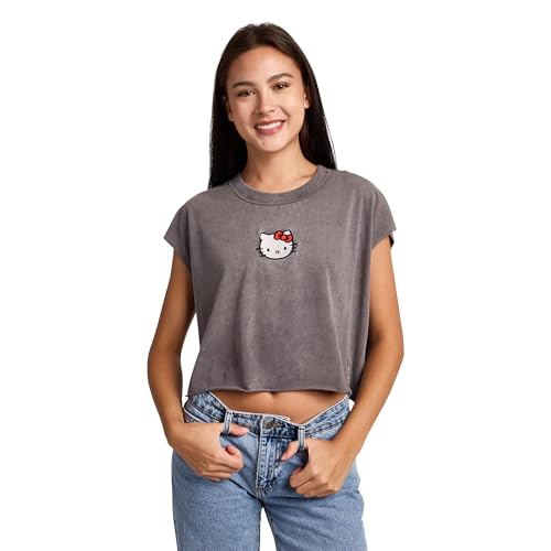 Hello Kitty Embroidered Character Face Women's Black Ram Hem Cropped Tank