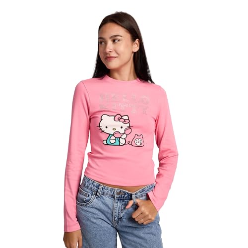 Hello Kitty Talking On Phone Glitter Print Women's Pink Long Sleeve Baby Tee