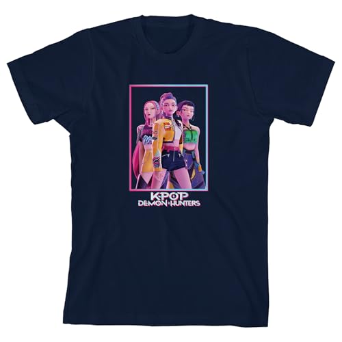 KPop Demon Hunters Box Art Huntrix Youth Navy Crew Neck Short Sleeve T-shirt