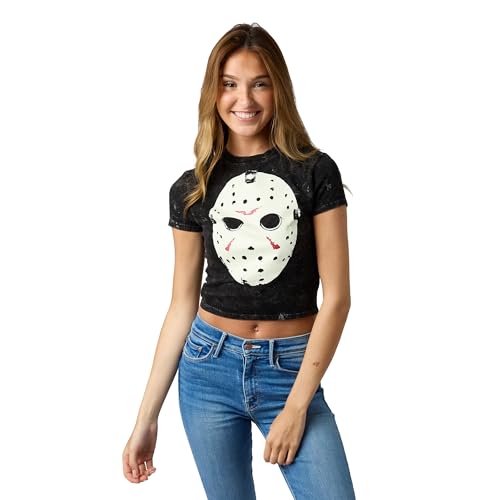 Friday The 13th Hockey Mask Women's Gray Mineral Wash Crew Neck Short Sleeve Cropped Baby Tee