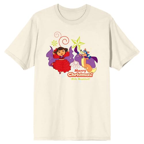 Dora The Explorer Dora & Swiper Merry Christmas Feliz Navidad Adult Natural Crew Neck Short Sleeve T-shirt