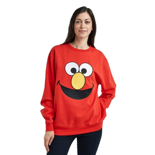 Sesame Street Big Face Elmo Red Crew Neck Long Sleeve Oversized Fleece Sweatshirt