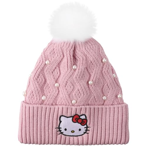 Hello Kitty Pink Knit With Faux Fur Pom Cuff Beanie