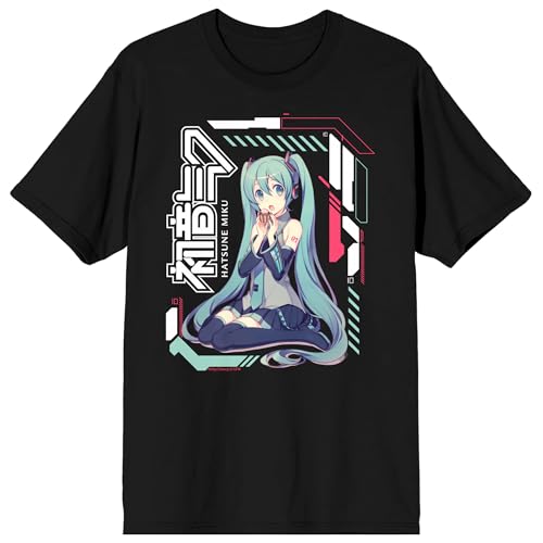 Hatsune Miku Futuristic Patterns Adult Black Crew Neck Short Sleeve T-shirt