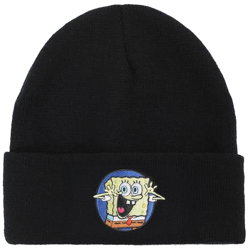 Spongebob Square Pants Embroidered Circle Character Patch On Black Cuff Beanie