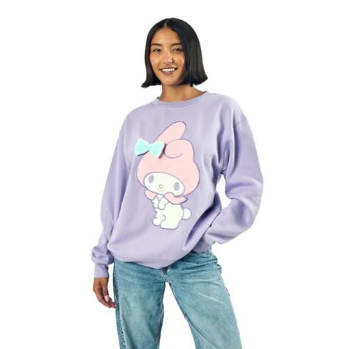 My Melody Big Face Plush Character Women's Purple Crew Neck Long Sleeve Oversized Fleece Sweatshirt