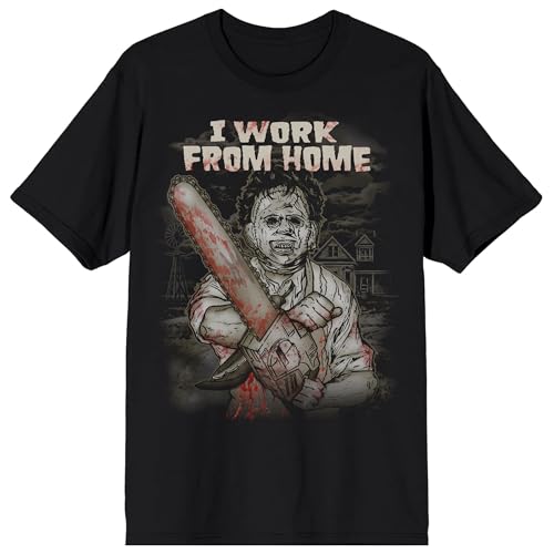 Texas Chainsaw Massacre Monotone Leatherface Illustrated I work From Home White Text On Black Adult Crew Neck Short Sleeve T-shirt