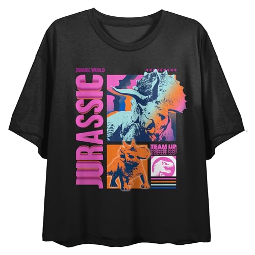 Jurassic World Neon Gamescape Crew Neck Short Sleeve Women's Black Crop Top