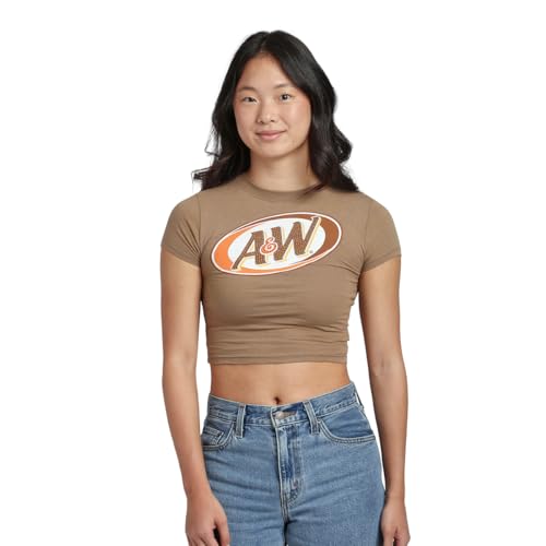 A&W Root Beer Logo Women's Brown Mineral Wash Crew Neck Short Sleeve Cropped Baby Tee