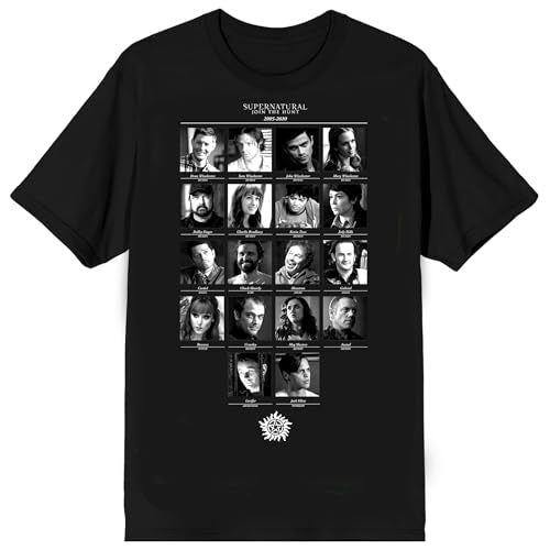 Supernatural Black & White Character Grid Adult Black Crew Neck Short Sleeve T-shirt