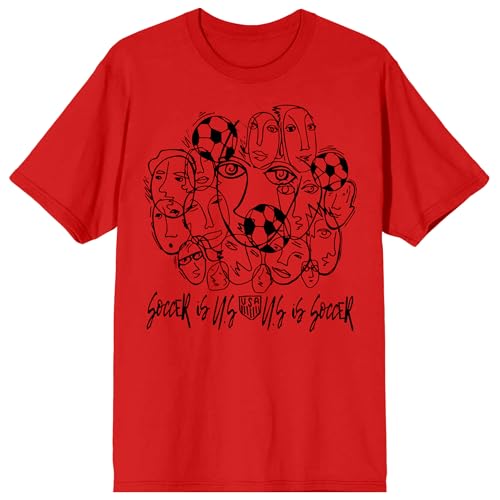 USSF USA Logo Line Art of Faces & Soccer Balls Adult Red Short Sleeve T-Shirt