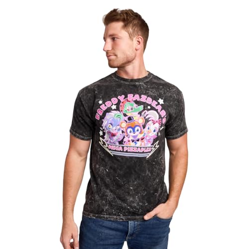 Five Nights At Freddy's Mega PizzaPlex Chibi Group Shot Men's Black Mineral Wash Crew Neck Short Sleeve T-shirt