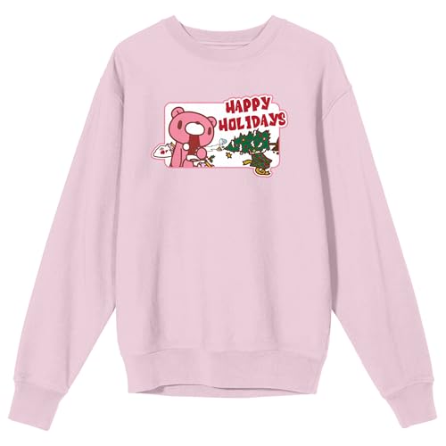 Gloomy Bear - Happy Holidays, Pink Bear, Scattered Christmas Decorations on Cradle Pink Adult Crew Neck Sweatshirt