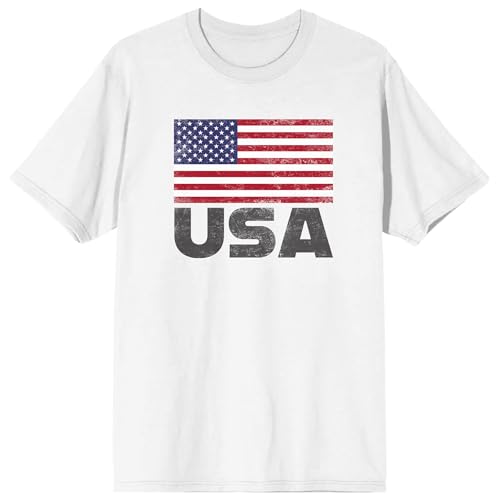 Distressed American Flag and USA Text on White Ground Adult Crew Neck Short Sleeve T-shirt